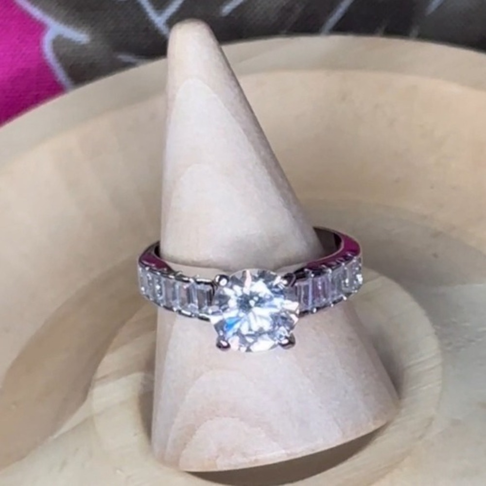 Austrian Crystal Round & Baguette Sterling Silver Rhodium Plated Ring 6.75